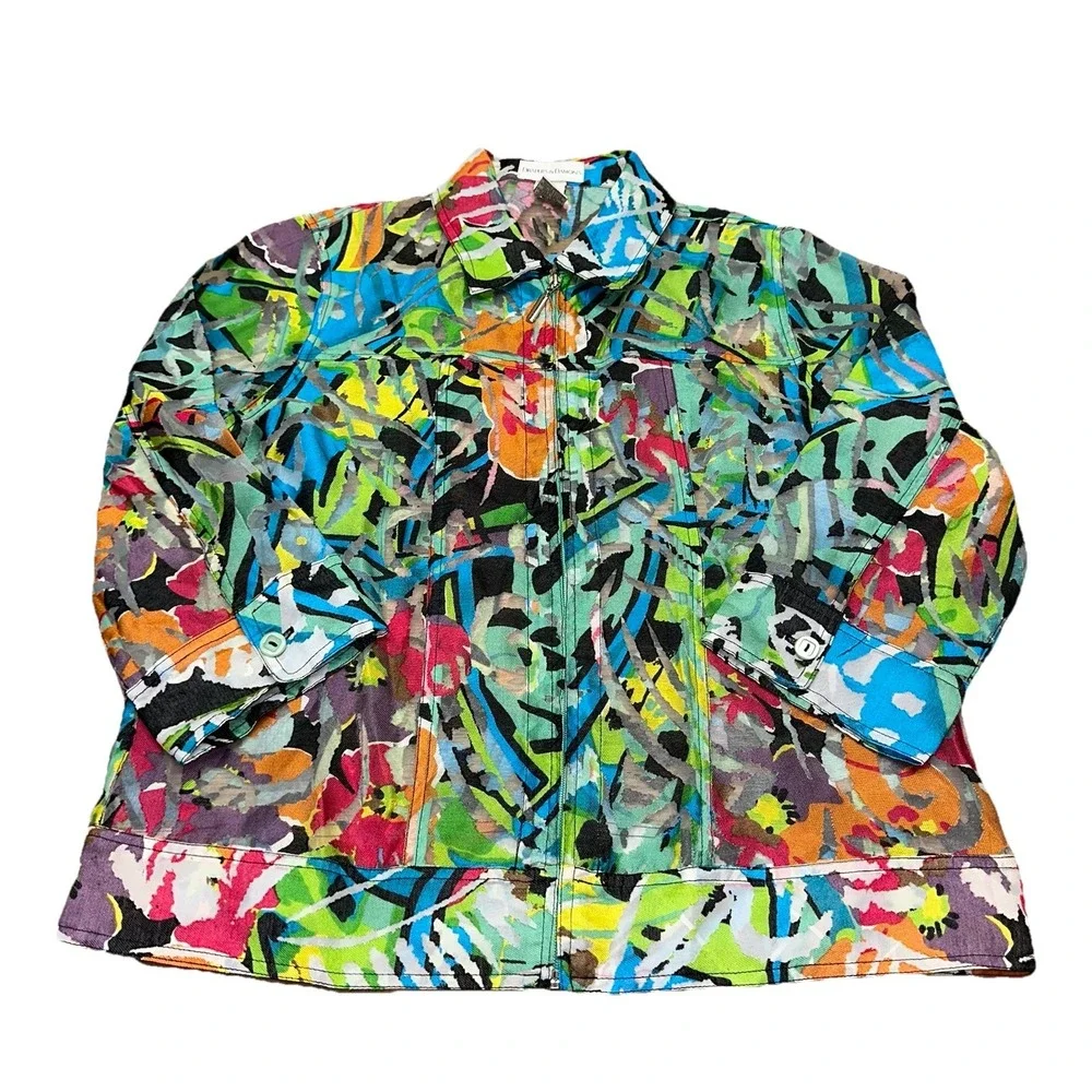 Draper's & Damon's Multicolor Abstract Art Linen Blend Zip Up Jacket Women's M - Picture 2 of 7